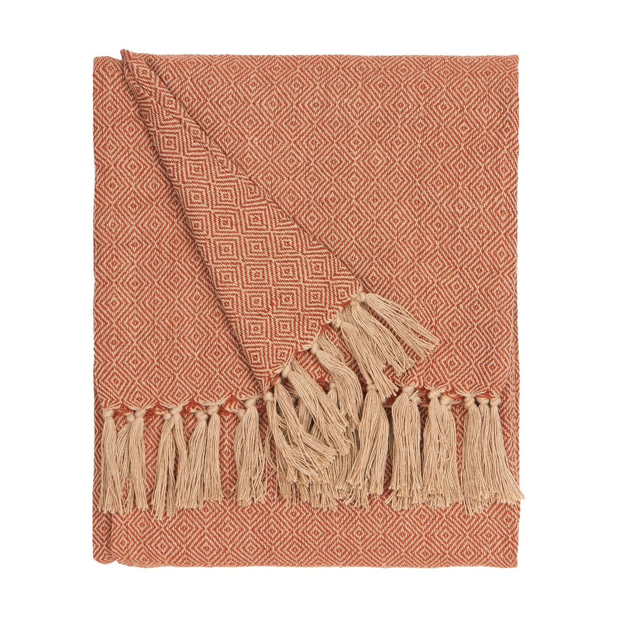 Dessa Geometric Polyester Throw in terracotta, folded to show a small diamond pattern in orange and cream with a knotted cream fringe edge, on a plain white background.