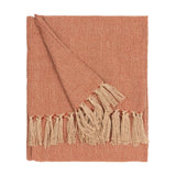 Dessa Geometric Polyester Throw in terracotta, folded to show a small diamond pattern in orange and cream with a knotted cream fringe edge, on a plain white background.