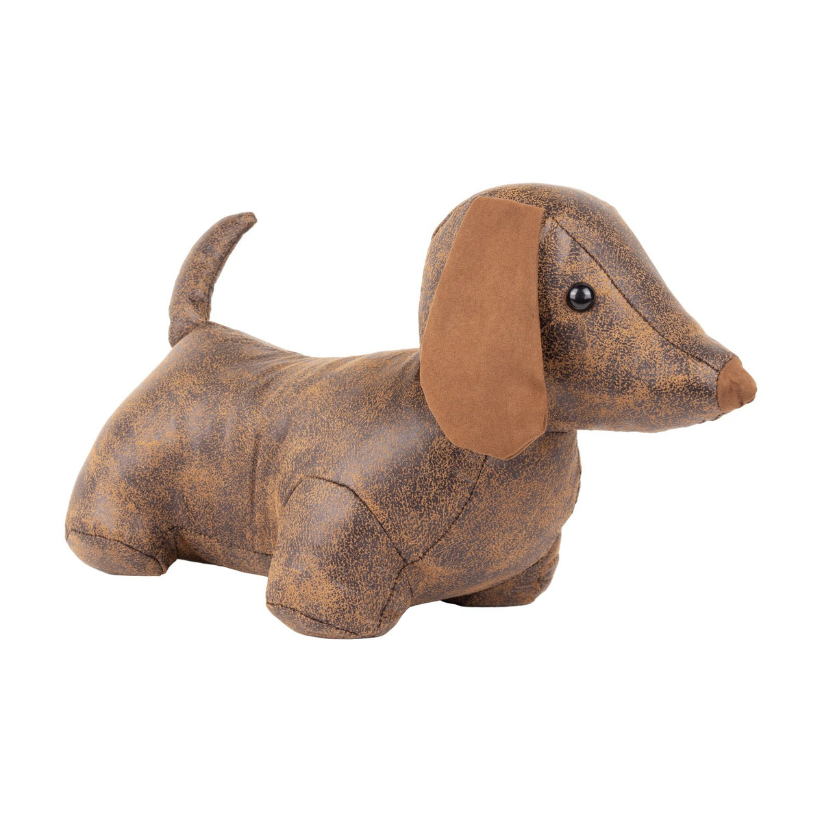 Dexter Animal Polyester Door Stop in Brown, a dachshund-shaped design with mottled faux leather body, tan faux suede ears, pointed muzzle and beaded eyes, shown on a plain white background.