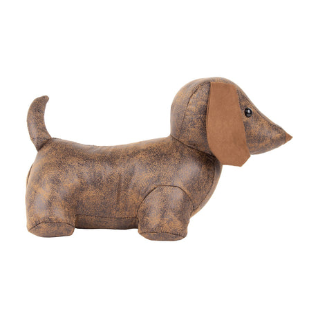 Dexter Animal Polyester Door Stop in brown, a dachshund-shaped design with mottled faux leather body, floppy tan suede ears and beaded eyes, shown on a plain white background.