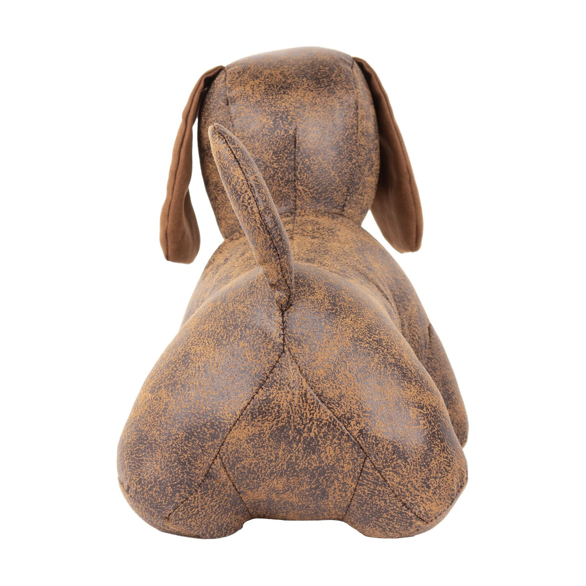 Dexter Animal Polyester Door Stop in brown, rear view showing a dachshund shape with mottled faux leather body, floppy tan suede ears and a curved tail, on a plain white background.