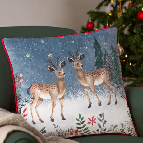 Ditsy Festive Reindeer Animal Velvet Cushion - Multicolour
