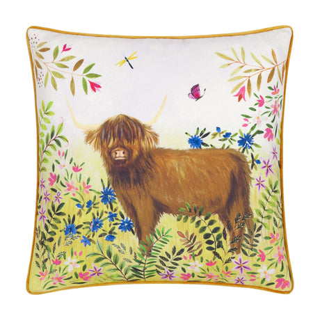Daisy Hill Agnes square cushion with mustard piping, featuring a hand-painted Highland cow amid meadow flowers, dragonfly and butterfly, on a white background.