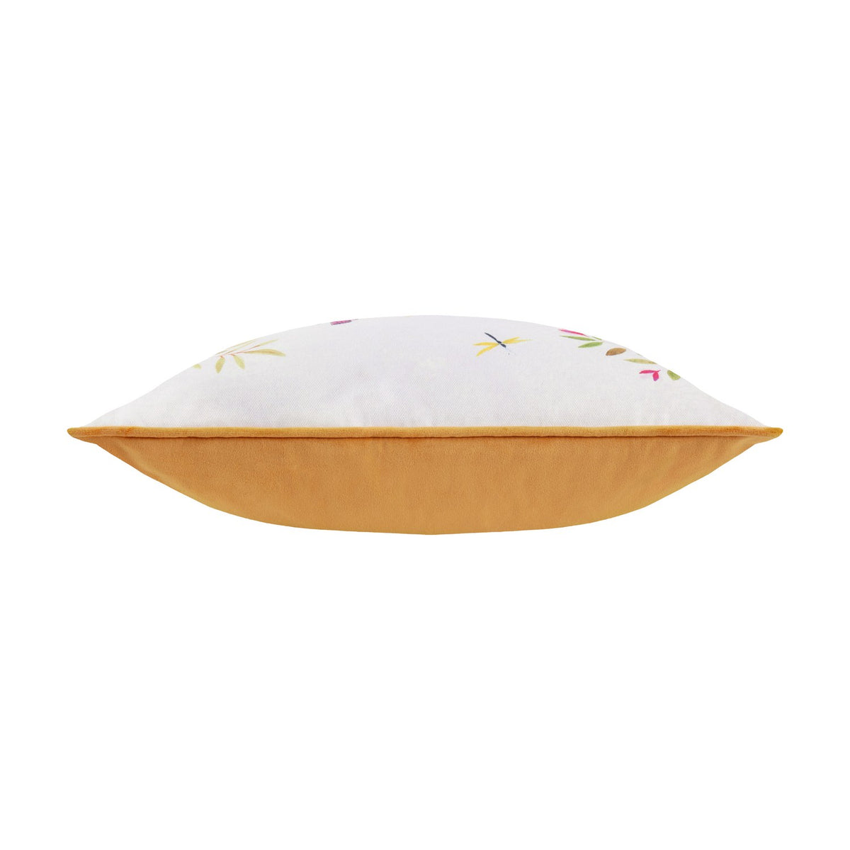 Side view of the Daisy Hill Agnes cushion showing a white velvet top with floral and dragonfly embroidery and a tan velvet base, on a plain background.