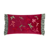 Ditsy Bows rectangular velvet cushion in deep red with embroidered bow designs in red, green and cream, edged with green and white gingham ruffles, shown on a white background.