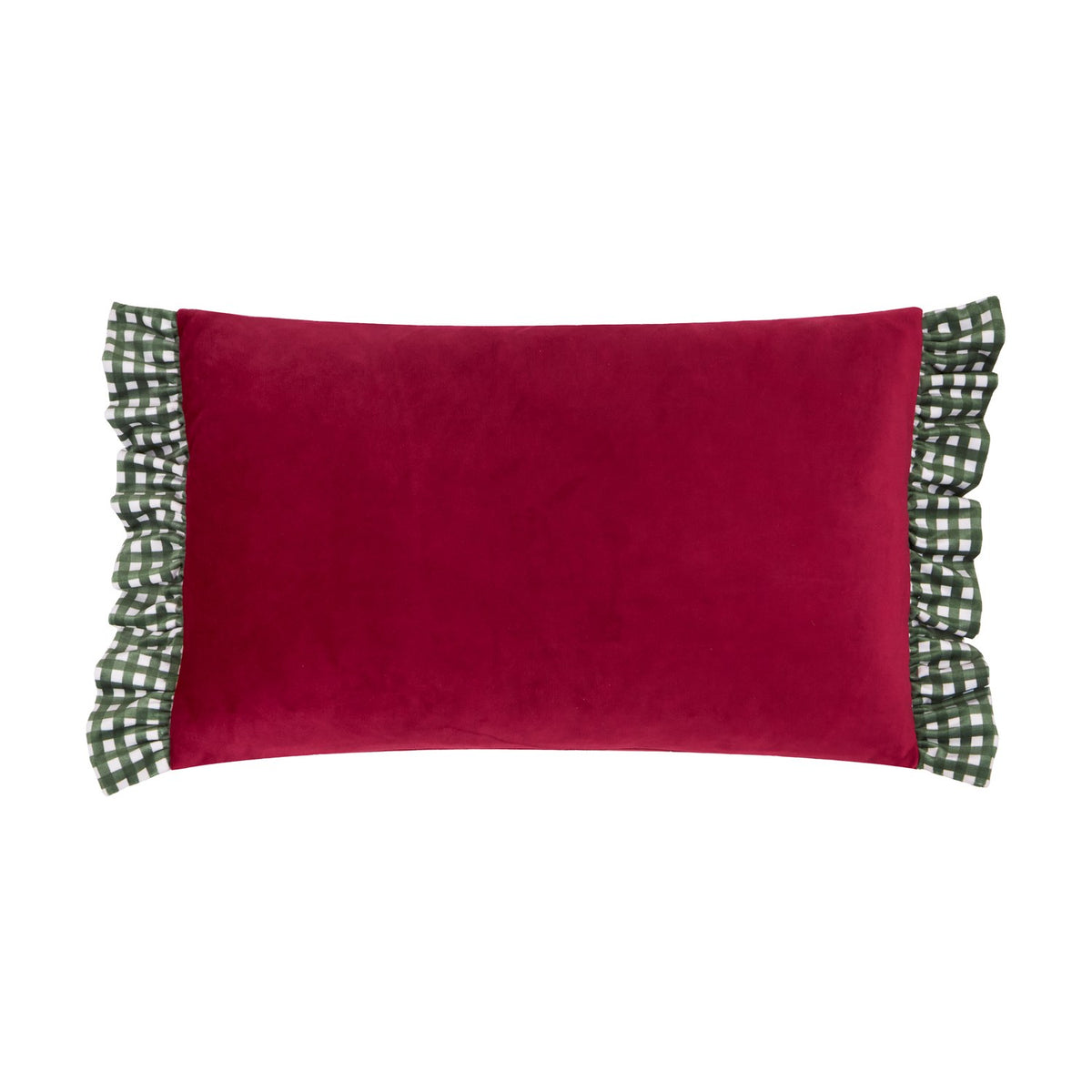 Ditsy Bows Gingham Velvet Cushion in deep red, rectangular with plush velvet front and gathered green-and-white gingham ruffle trim along both short sides, shown on a plain white background.