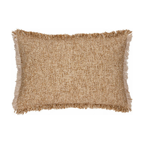 Doze Reversible Cotton Cushion in Biscuit, a rectangular scatter cushion with a fringed edge, woven in mottled biscuit and toffee tones, shown on a plain white background.