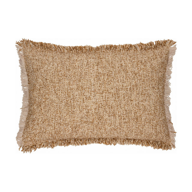 Doze Reversible Cotton Cushion in Biscuit, a rectangular scatter cushion with a fringed edge, woven in mottled biscuit and toffee tones, shown on a plain white background.