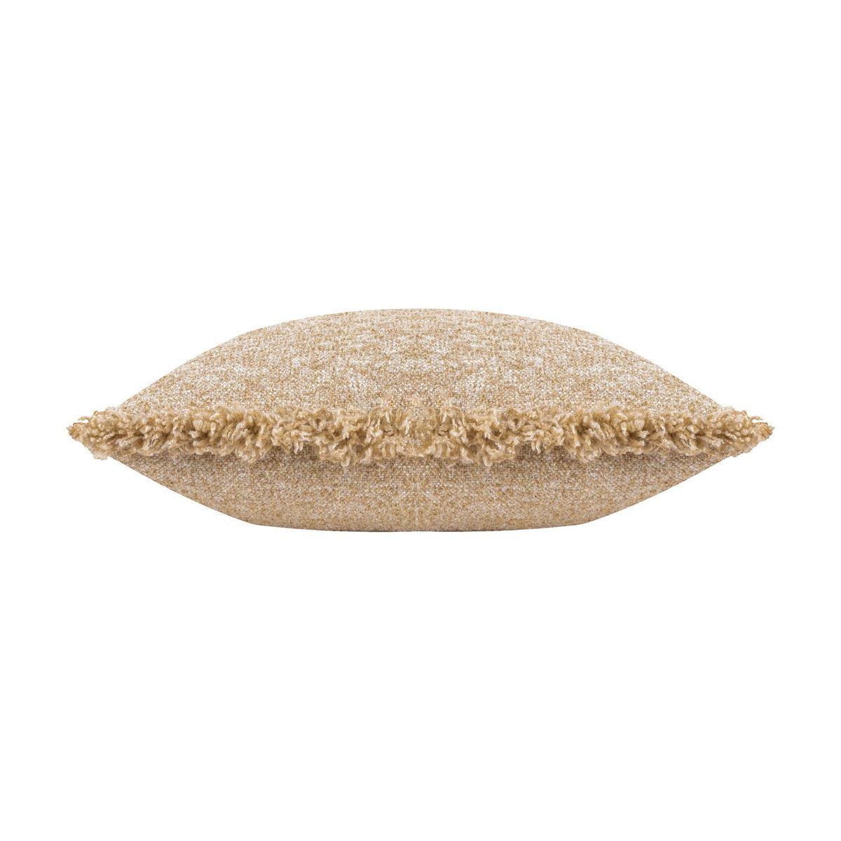 Doze Reversible Cotton Cushion in biscuit, shown side-on to display its bolster shape and fringed edge trim, in a woven beige-toned fabric on a plain white background.