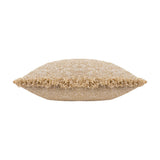 Doze Reversible Cotton Cushion in biscuit, shown side-on to display its bolster shape and fringed edge trim, in a woven beige-toned fabric on a plain white background.
