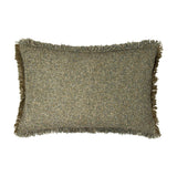 Doze Reversible Cotton Cushion in Moss, a rectangular 40 x 60cm cushion with a flecked green, tan and blue-grey woven texture and fringed edging, shown on a plain white background.