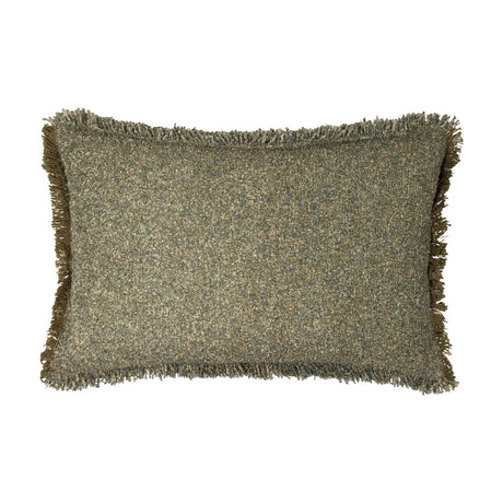 Doze Reversible Cotton Cushion in Moss, a rectangular 40 x 60cm cushion with a flecked green, tan and blue-grey woven texture and fringed edging, shown on a plain white background.