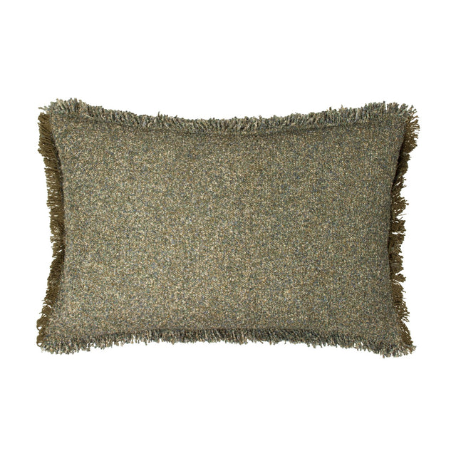 Doze Reversible Cotton Cushion in Moss, a rectangular 40 x 60cm cushion with a flecked green, tan and blue-grey woven texture and fringed edging, shown on a plain white background.