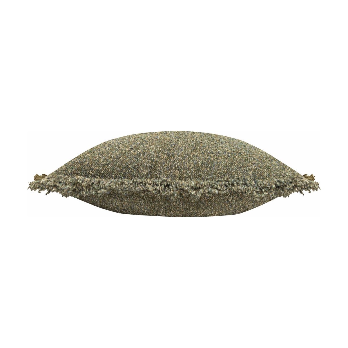 Side view of the Doze Reversible Cotton Cushion in Moss, showing its bolster-like shape with a flecked green, tan and blue-grey woven fabric and fringed edge trim, on a plain white background.