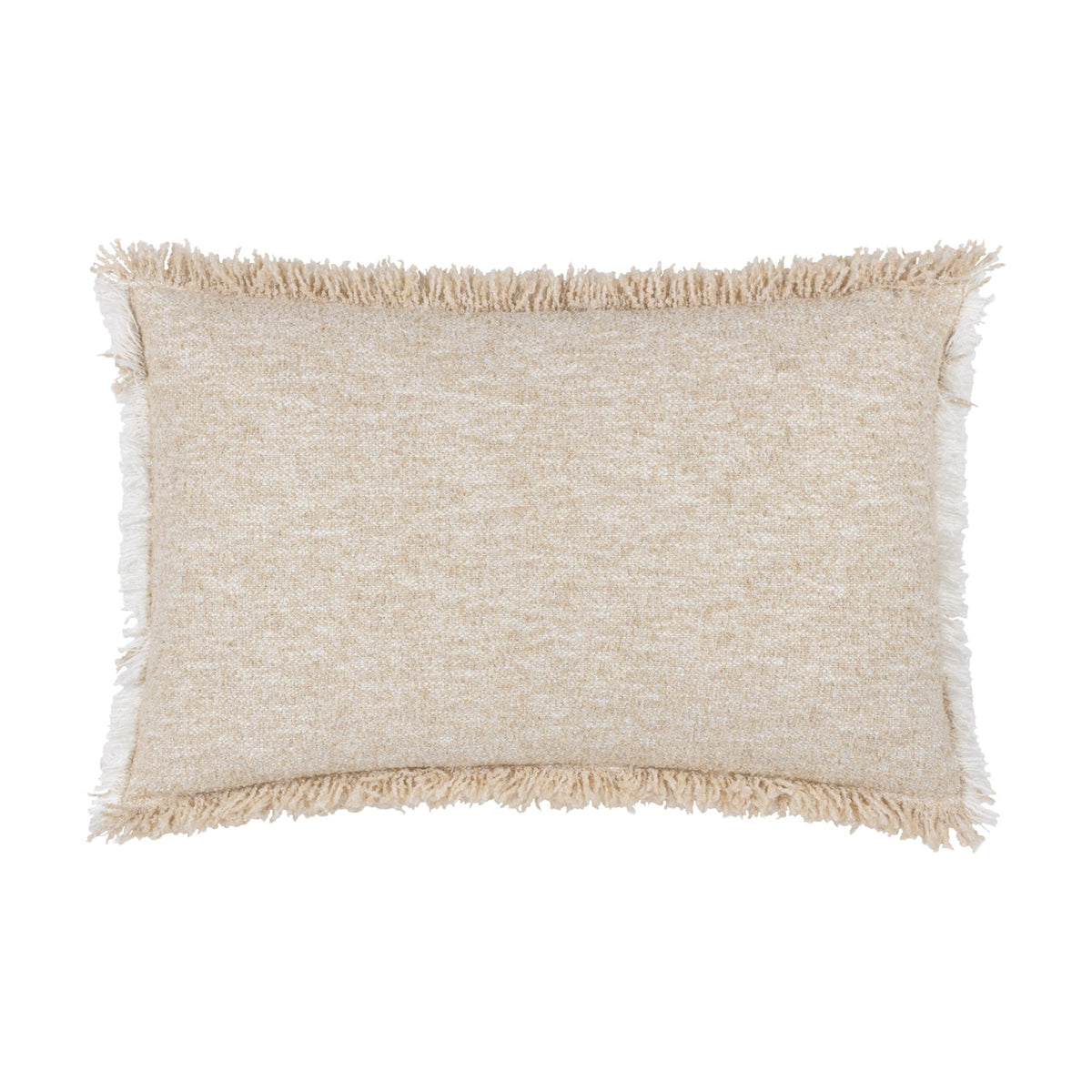 Doze Reversible Cotton Cushion in natural, a rectangular bolster with a textured, space-dyed weave in cream and sandy beige, finished with raw fringed edges, on a plain white background.