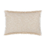 Doze Reversible Cotton Cushion in natural, a rectangular bolster with a textured, space-dyed weave in cream and sandy beige, finished with raw fringed edges, on a plain white background.