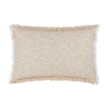 Doze Reversible Cotton Cushion in natural, a rectangular bolster with a textured, space-dyed weave in cream and sandy beige, finished with raw fringed edges, on a plain white background.