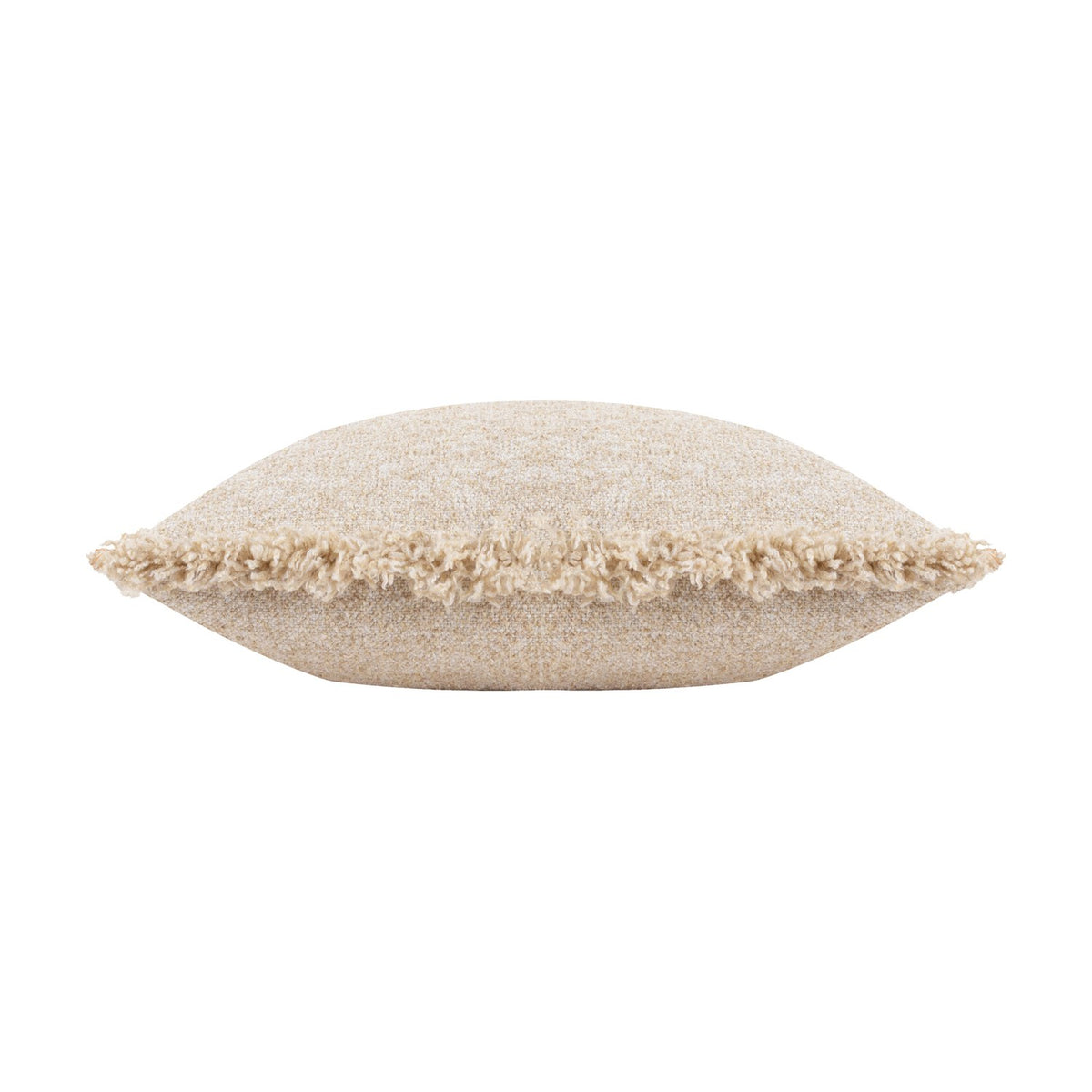 Doze Reversible Cotton Cushion in natural, a rectangular bolster with a nubbly, two-tone cream and sandy beige weave and raw fringed edge trim, shown on a plain white background.