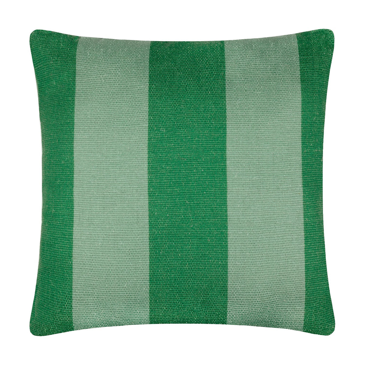 Deck Stripe reversible square cushion in green, featuring broad vertical bands of bottle green and sage, 100% polyester, shown on a plain white background.