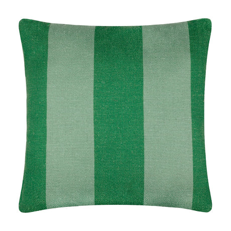 Deck Stripe reversible square cushion in green, featuring broad vertical bands of bottle green and sage, 100% polyester, shown on a plain white background.