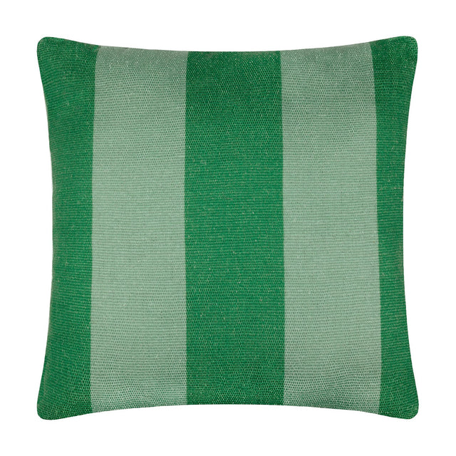 Deck Stripe reversible square cushion in green, featuring broad vertical bands of bottle green and sage, 100% polyester, shown on a plain white background.