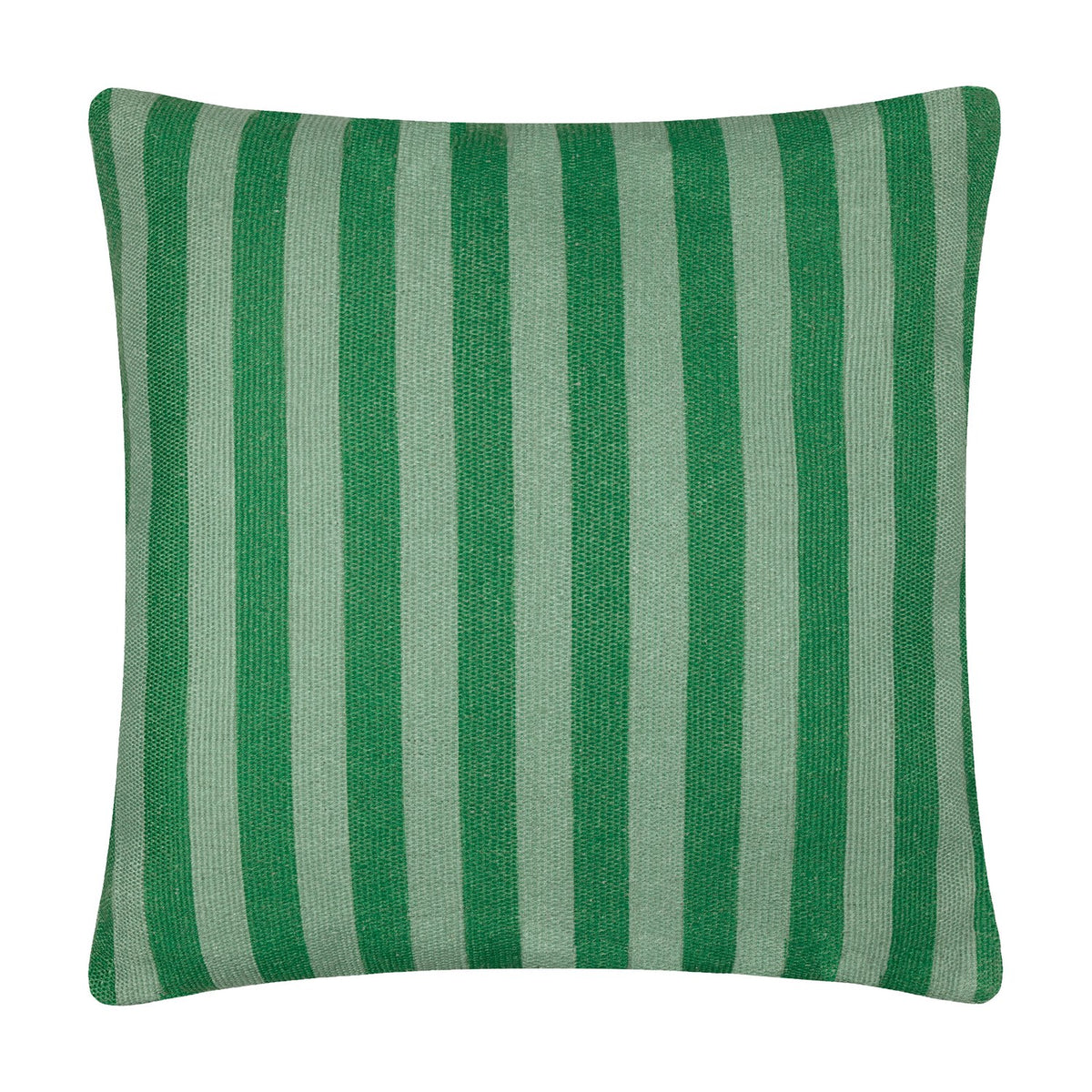 Deck Stripe reversible square cushion in green, featuring broad vertical bottle green and sage stripes in woven polyester, shown on a plain white background.