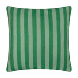 Deck Stripe reversible square cushion in green, featuring broad vertical bottle green and sage stripes in woven polyester, shown on a plain white background.