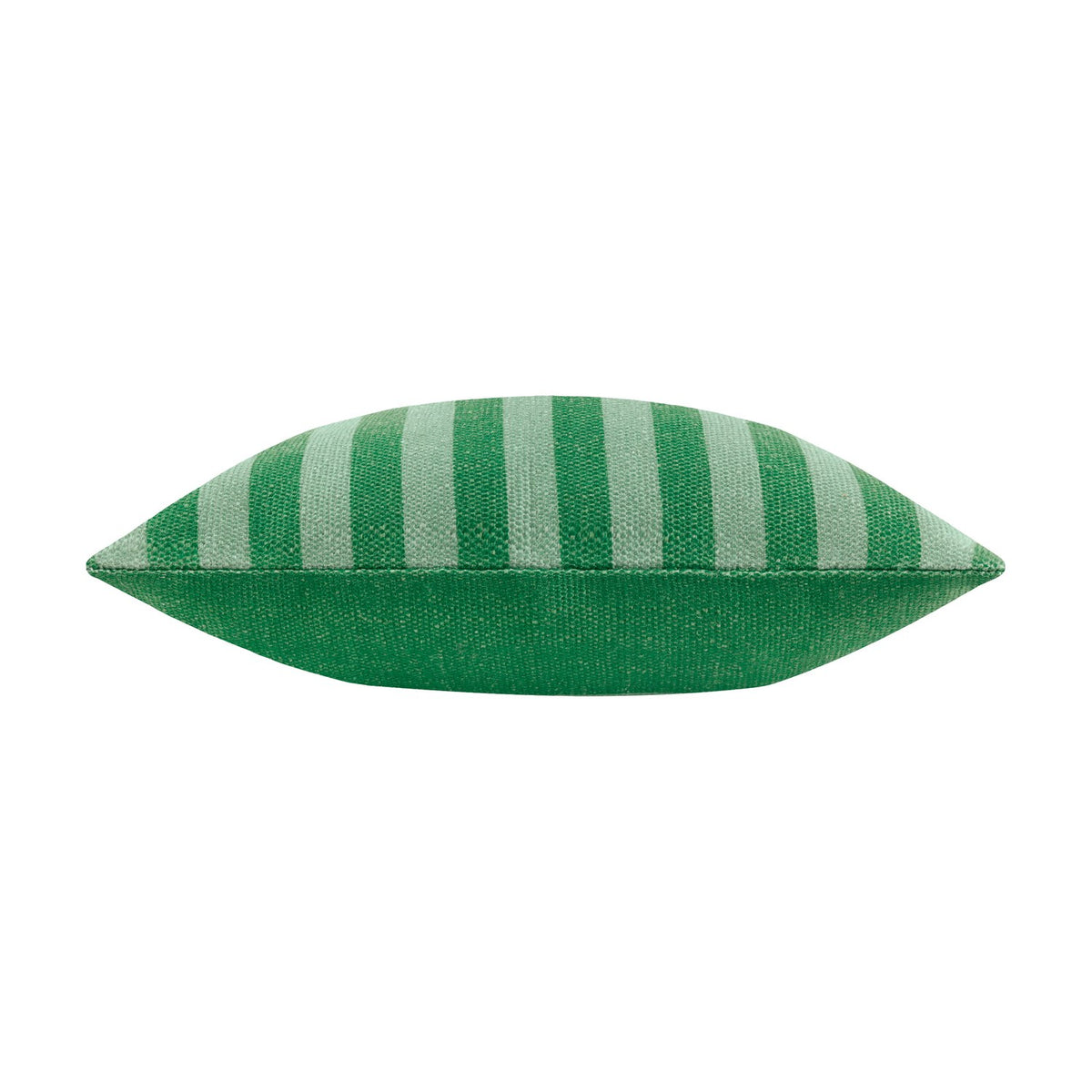 Side view of the Deck Stripe reversible polyester cushion in green, showing bottle green and sage vertical stripes on a plain white background.