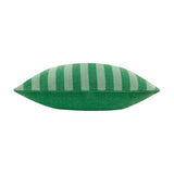 Side view of the Deck Stripe reversible polyester cushion in green, showing bottle green and sage vertical stripes on a plain white background.