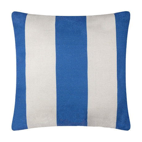 Deck Stripe reversible square cushion in bold blue and off-white vertical bands, 100% polyester, shown on a plain white background.