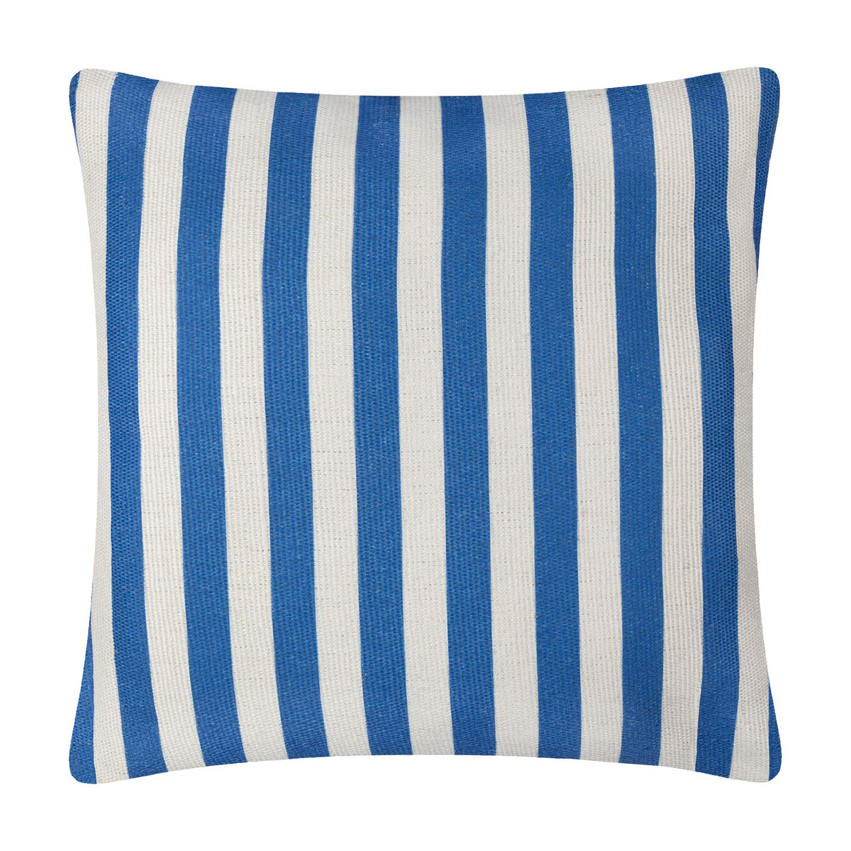 Deck Stripe reversible square cushion in blue and off-white polyester with bold vertical stripes, shown on a plain white background.