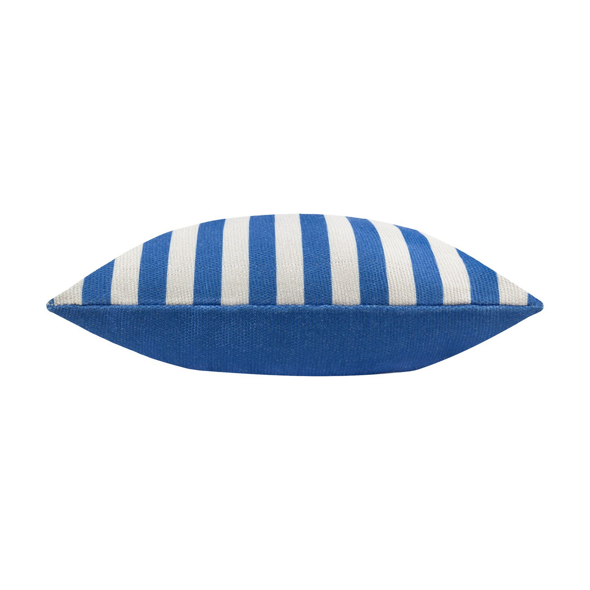 Side view of the Deck Stripe reversible outdoor cushion, showing blue and white striped top edge with a solid blue side panel, on a plain white background.