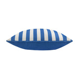 Side view of the Deck Stripe reversible outdoor cushion, showing blue and white striped top edge with a solid blue side panel, on a plain white background.