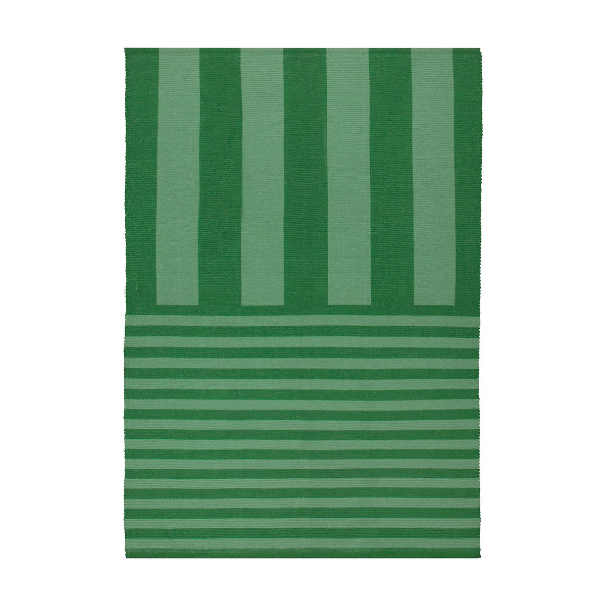 Deck Stripe Printed Polyester Rug in green, flatweave design with bold vertical stripes shifting to narrower horizontal lines at one end, shown on a plain white background.