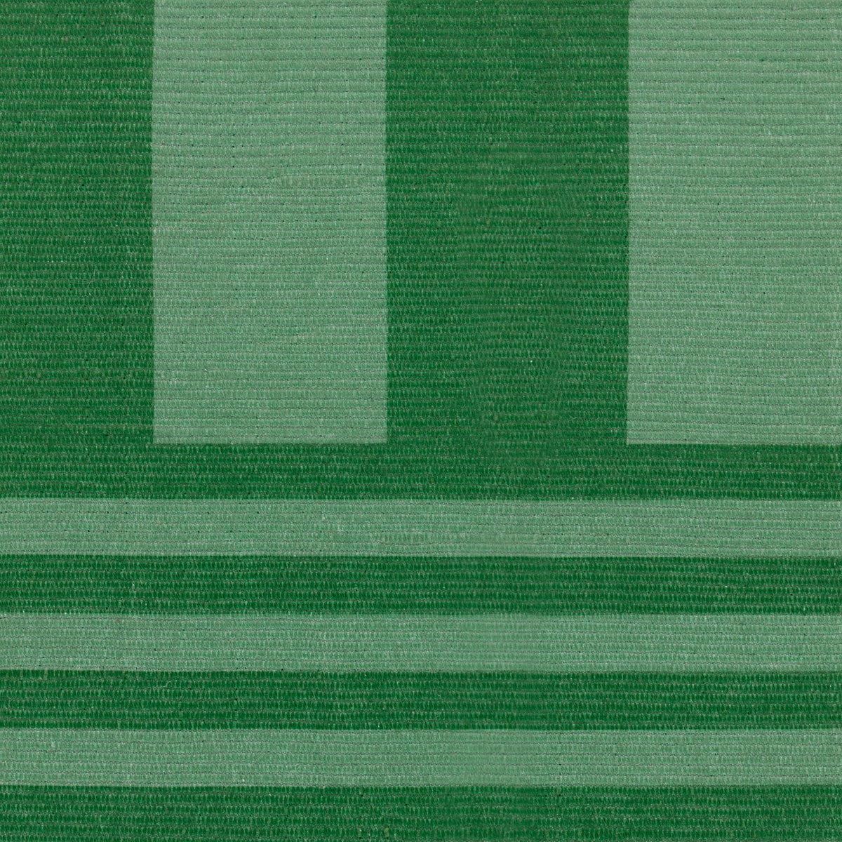 Deck Stripe Printed Polyester Rug in green, close-up of the flatweave design showing broad vertical bars shifting into narrower horizontal stripes.