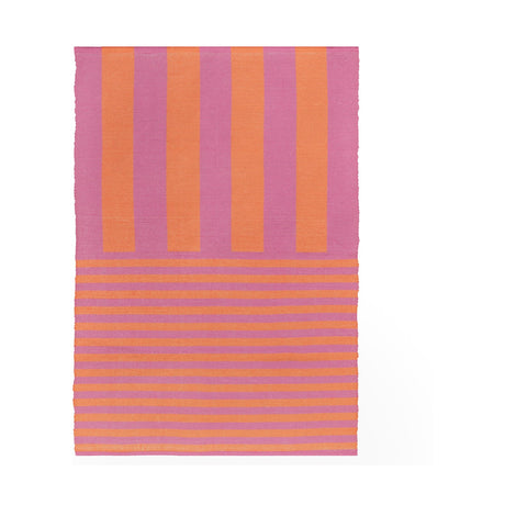 Deck Stripe Printed Polyester Rug in orange and pink, flatweave with broad vertical stripes on top and narrower horizontal stripes below, shown on a plain white background.