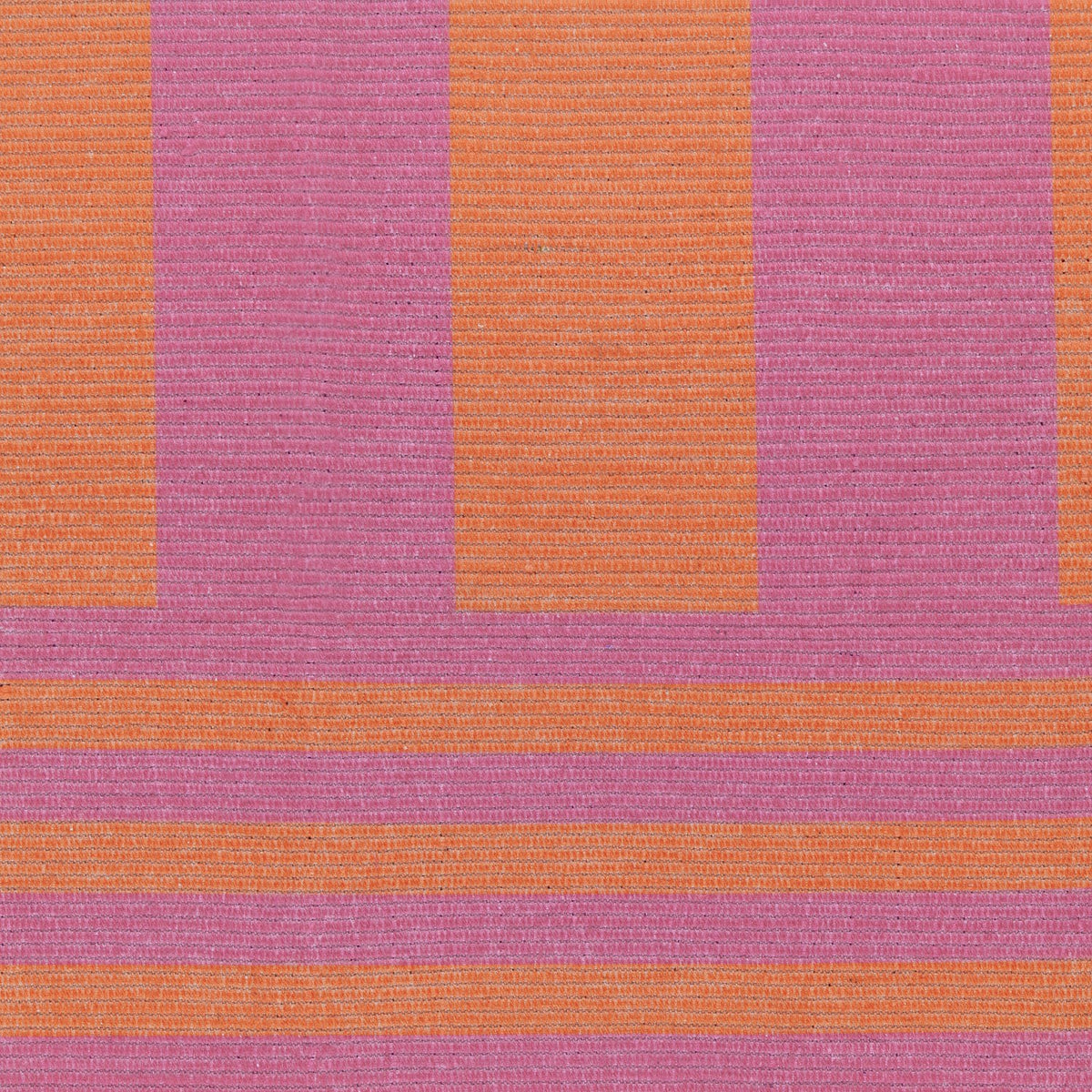 Deck Stripe Printed Polyester Rug in orange and pink, flatweave design with broad vertical bands shifting to narrower horizontal stripes across the piece.