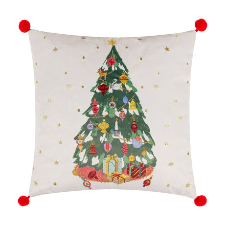 Deck The Halls velvet cushion, square, ivory ground with a printed Christmas tree, gold star, ornaments, bells and presents, red pom-pom corners, on a plain white background.