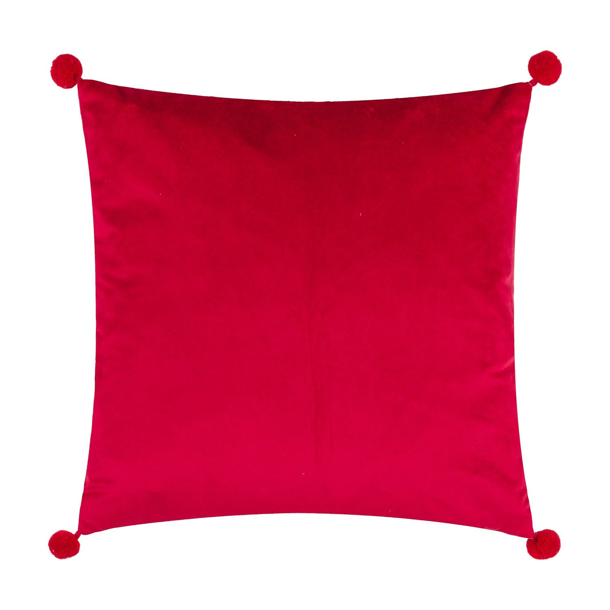 Deck The Halls square velvet cushion shown in plain red with pom-pom corner tassels, photographed against a plain white background.
