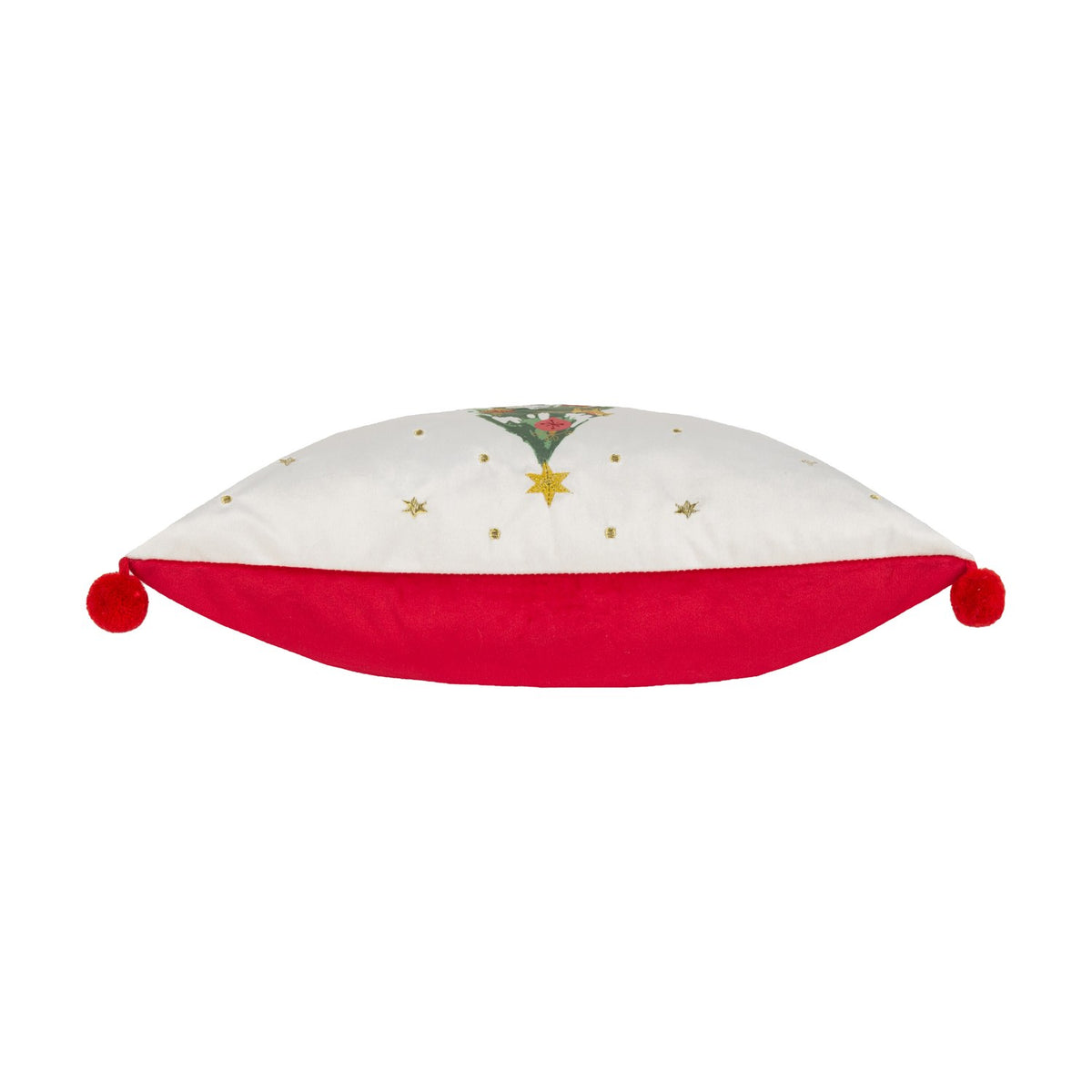 Deck The Halls velvet cushion shown side-on, ivory-white body with red velvet underside, red pompom corner tassels, and gold star and dot embroidery on white background.