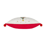 Deck The Halls velvet cushion shown side-on, ivory-white body with red velvet underside, red pompom corner tassels, and gold star and dot embroidery on white background.