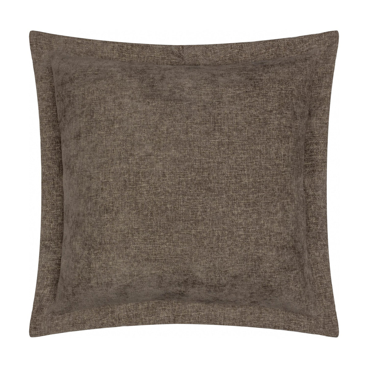 Dune Velvet Chenille Cushion in Mole, a square cushion in mid-brown chenille fabric with a mottled woven texture and flanged edge, shown on a plain white background.