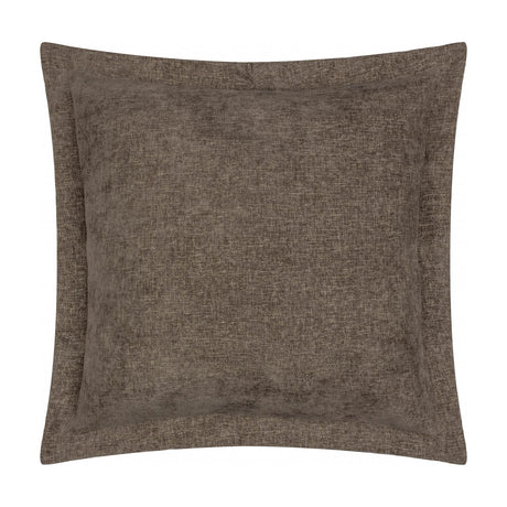 Dune Velvet Chenille Cushion in Mole, a square cushion in mid-brown chenille fabric with a mottled woven texture and flanged edge, shown on a plain white background.