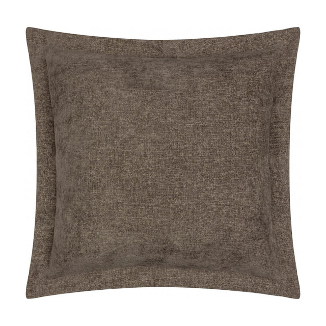 Dune Velvet Chenille Cushion in Mole, a square cushion in mid-brown chenille fabric with a mottled woven texture and flanged edge, shown on a plain white background.