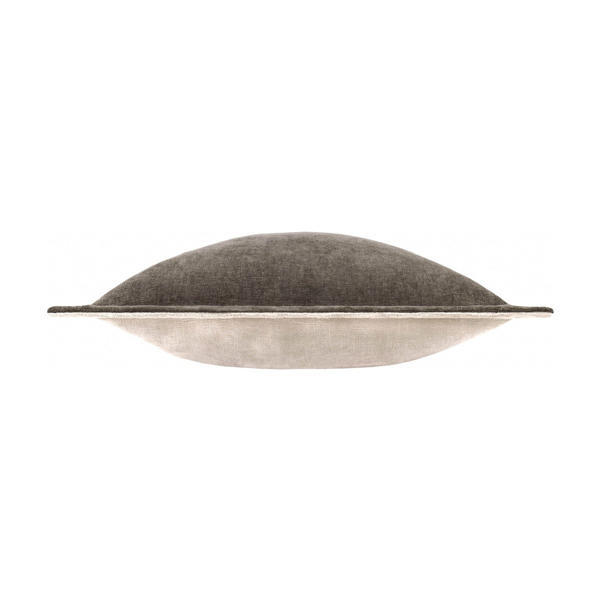 Side view of the Dune Velvet Chenille Cushion in Mole, showing a mole-brown chenille top, beige piped edge, and light beige underside, on a white background.