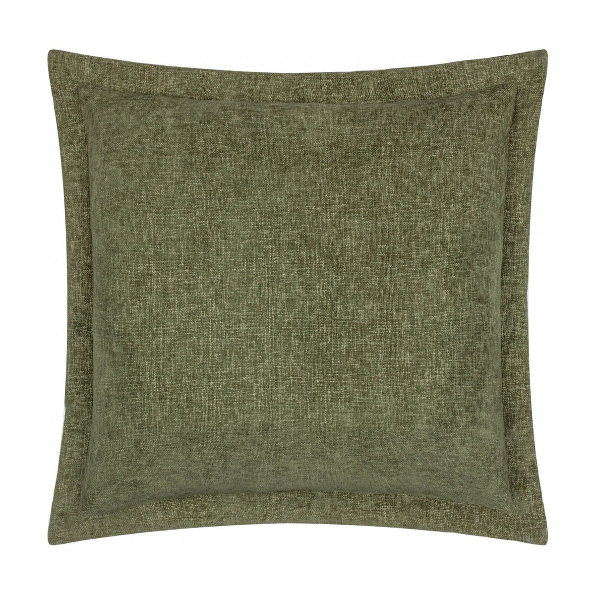 Square Dune Velvet Chenille Cushion in moss green with a wide oxford edge border, plain textured front, shown on a white background.