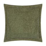 Square Dune Velvet Chenille Cushion in moss green with a wide oxford edge border, plain textured front, shown on a white background.