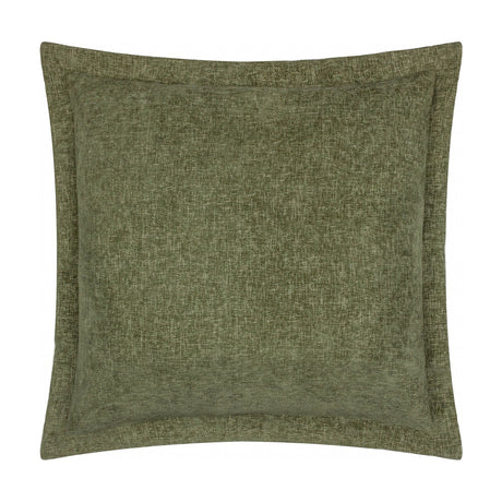 Square Dune Velvet Chenille Cushion in moss green with a wide oxford edge border, plain textured front, shown on a white background.