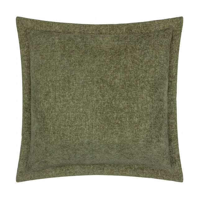 Square Dune Velvet Chenille Cushion in moss green with a wide oxford edge border, plain textured front, shown on a white background.