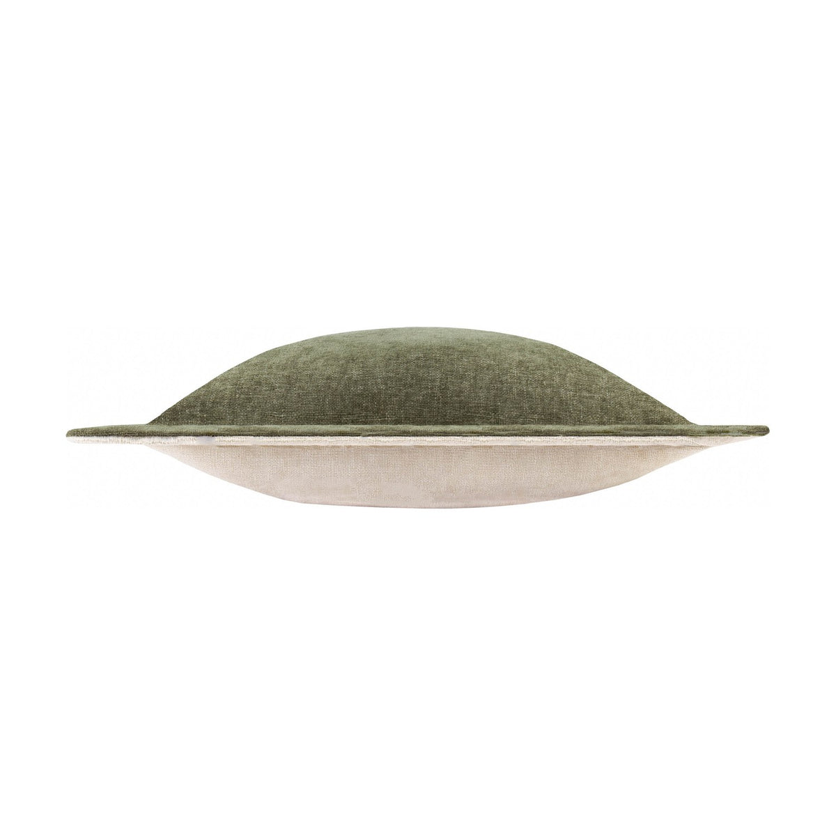 Side view of the Dune Velvet Chenille Cushion in Moss, showing a wide oxford edge trim, plump square shape, and cream underside, set against a plain white background.